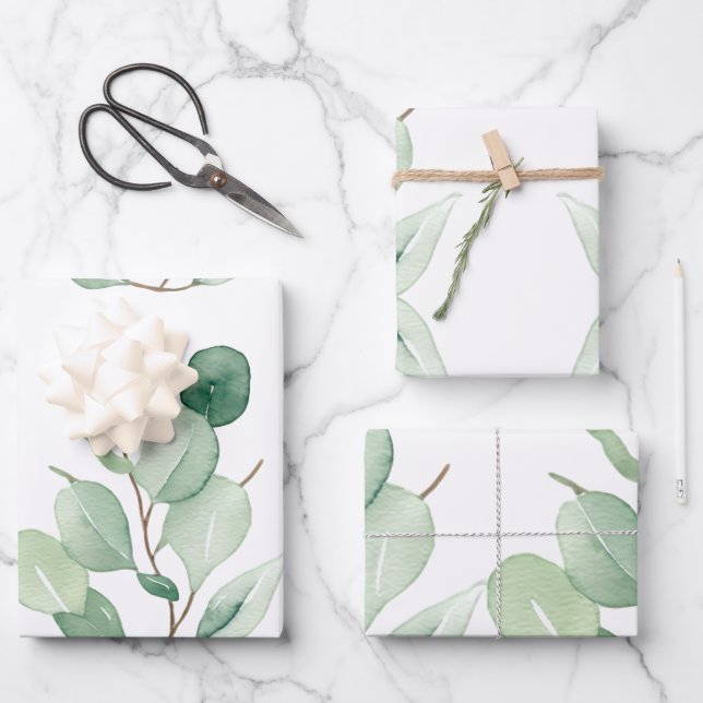 Grüne Eukalyptus-Pastellfarben-Blätter Geschenkpapier Set (Vorderseite)