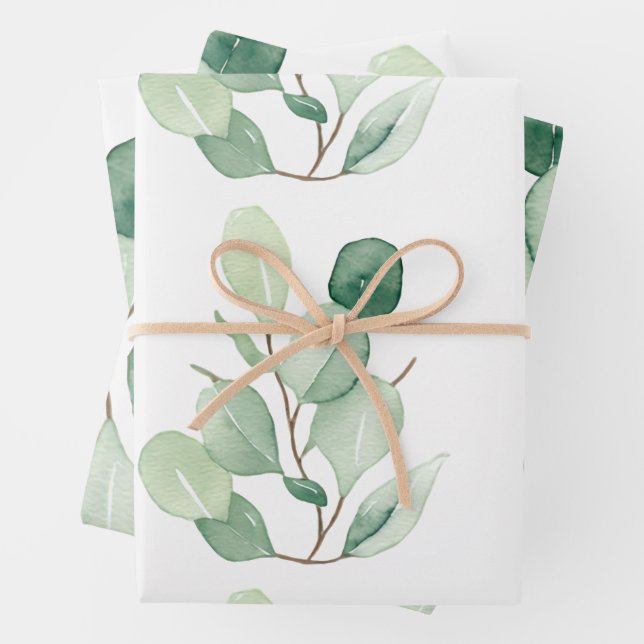 Grüne Eukalyptus-Pastellfarben-Blätter Geschenkpapier Set (Beispiel)