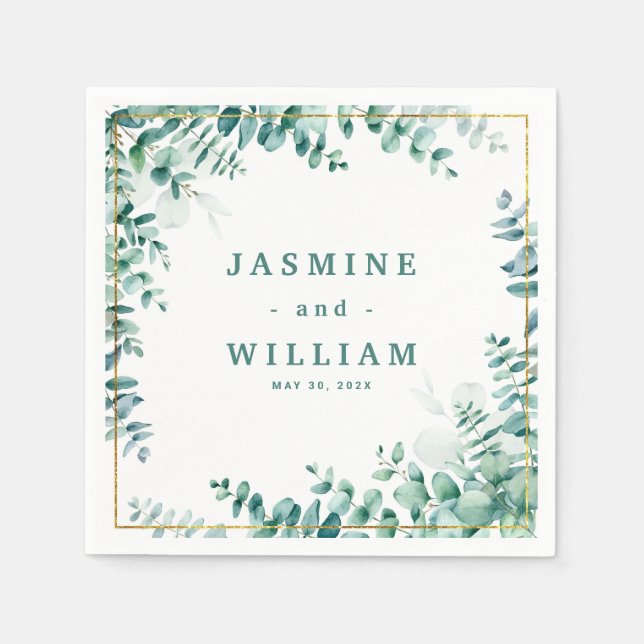 Grüne Eukalyptus Square RahmenWedding Serviette (Vorderseite)