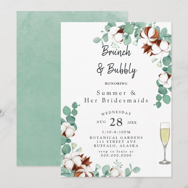 Grüne Eukalyptus- und Cotton-Bridesmaids Luncheon  Einladung (Vorne/Hinten)