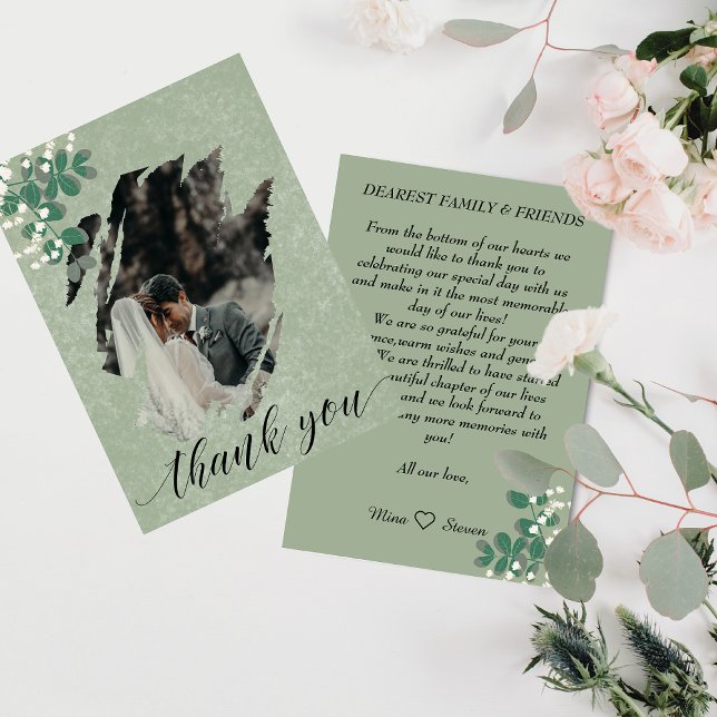 Grüne Eukalyptus- und Gypsophila-Foto-Hochzeit Dankeskarte (Von Creator hochgeladen)