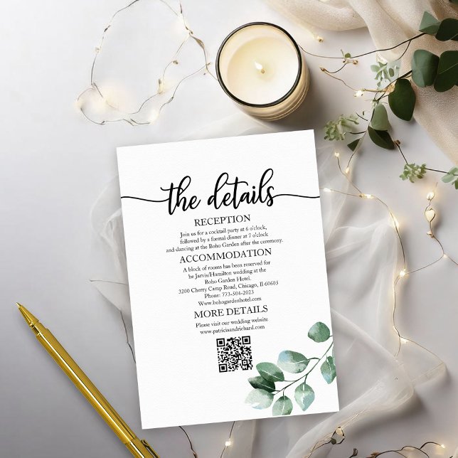 Grüne Eukalyptus Wedding Details QR RSVP Karte (Von Creator hochgeladen)