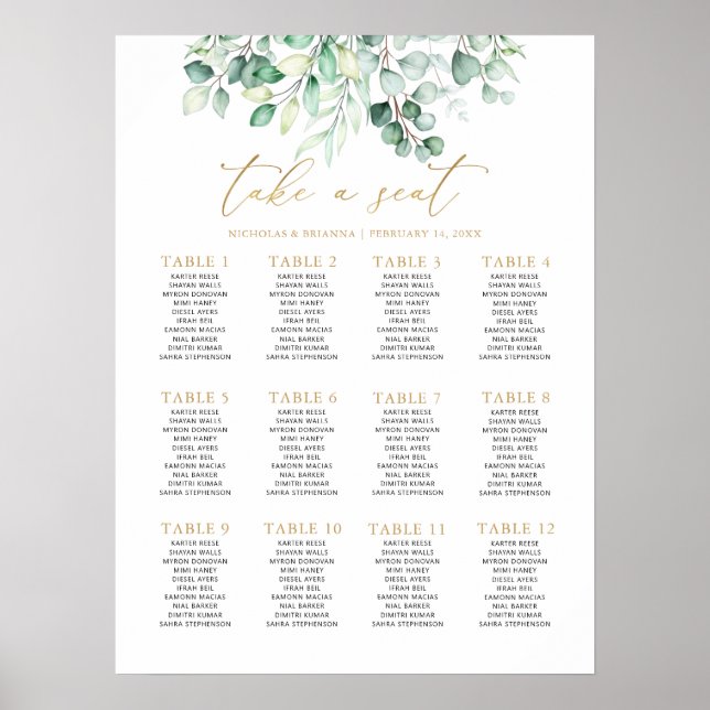 Grüne Eukalyptus Wedding Gold 12 Tischsitze Poster (Vorne)