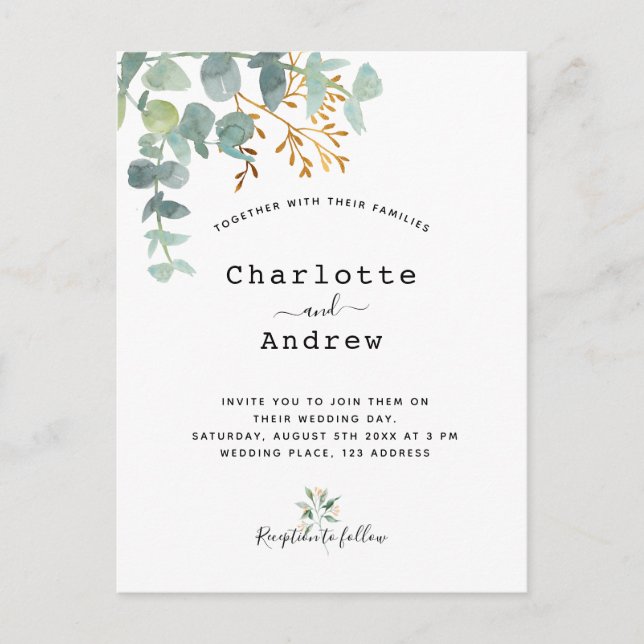 Grüne Eukalyptus Weißgold Hochzeit Postkarte (Vorderseite)