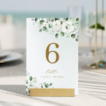 Grüne Eukalyptusblütenhochzeit Tischnummer<br><div class="desc">Moderne schicke Aquarellfarben,  weißer Eukalyptusgrün und goldfarbener Rahmen auf staubgrünem Hintergrund,  mit goldfarbenem,  trendigem Tischskript,  eleganten und stilvollen,  großartigen Hochzeitskarten für rustikale Hochzeiten,  botanische Hochzeiten und Strandhochzeiten im Frühjahr und Sommer. Alle passenden Teile in der Sammlung anzeigen</div>