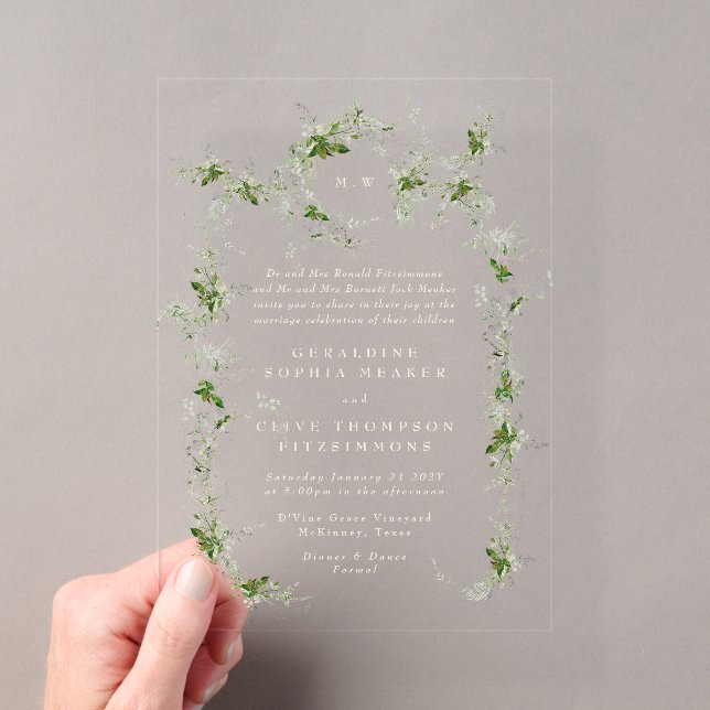 Grüne Eukalyptuscreme-Wreath-Monogramm-Hochzeit Acryleinladungen (Insitu (Handheld))