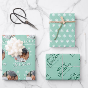 Grüne Familienfoto-Schneeflocke Frohe Weihnachten  Geschenkpapier Set