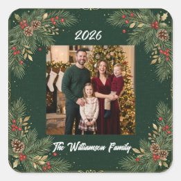 Grüne Familienfoto-Weihnachtssticker Quadratischer Aufkleber
