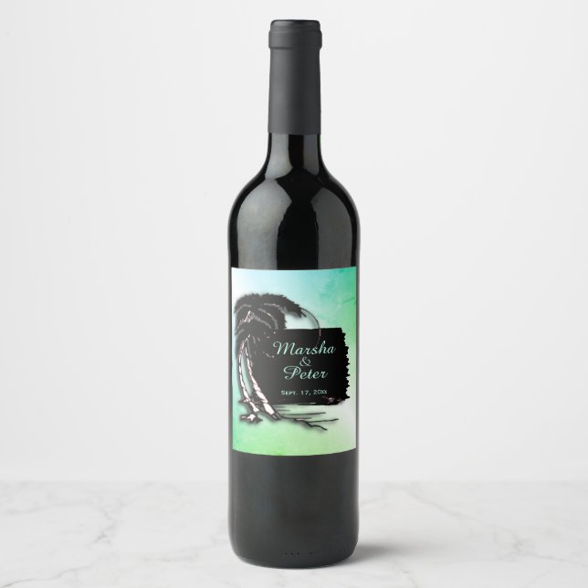 Grüne Farbtöne und Datum des tropischen Designs Weinetikett (Vorderseite)