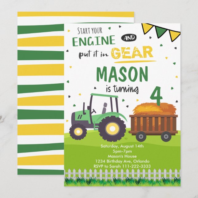 Grüne Farm Traktor zum Geburtstag Einladung (Vorne/Hinten)
