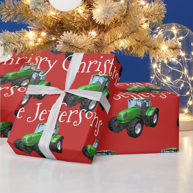 Grüne Farm Traktoren auf Roten Weihnachten Geschenkpapier (Feiertage)
