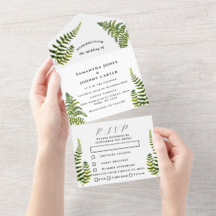 Grüne Farne Aquarell-Laub Botanische Hochzeit All In One Einladung