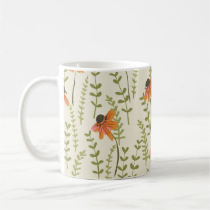 Grüne Farne, orangefarbene Blume, Natur. Kaffeetasse
