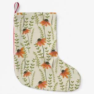Grüne Farne, orangefarbene Blume, Natur. Kleiner Weihnachtsstrumpf