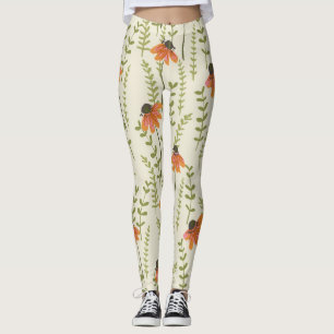 Grüne Farne, orangefarbene Blume, Natur. Leggings