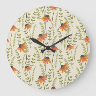 Grüne Farne, orangefarbene Blumen, Natur. Große Wanduhr