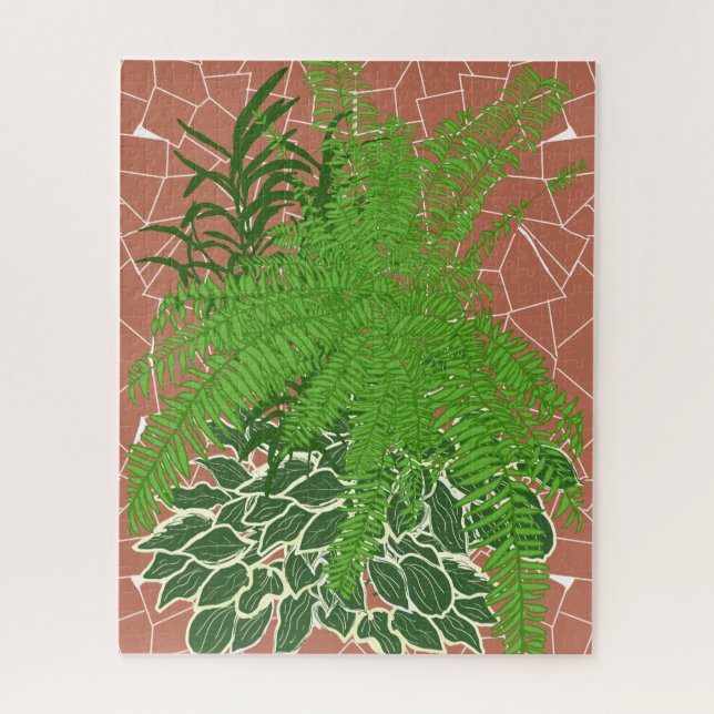 Grüne Farne und Hostas auf Terrakotta-Mosaik (Vertikal)