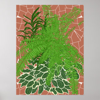 Grüne Farne und Hostas auf Terrakotta-Mosaik Poster