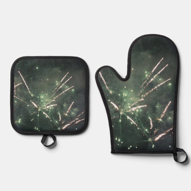 Grüne Feuerwerkskörper Ofenhandschuh & Topflappen-Set (Vorderseite)