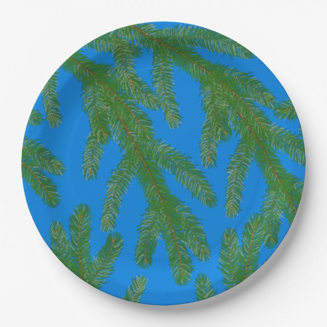 Grüne Fichtenbäume und Zweige Blau Pappteller (Vorderseite)