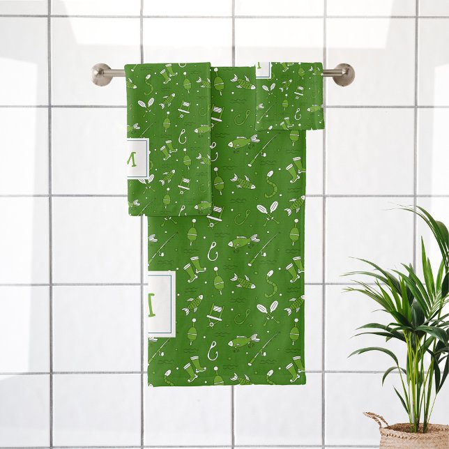 Grüne Fischerei Nahtlose Muster Mit Monogramm Badhandtuch Set (Von Creator hochgeladen)