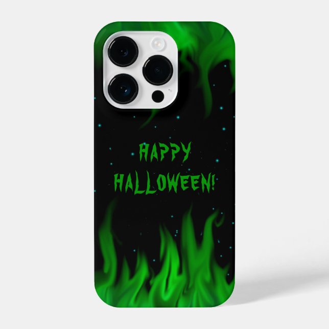 Grüne Flammen im Sternenhimmel iPhone 14 Pro Hülle (Rückseite)
