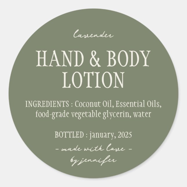 Grüne Flasche Hand Lotion Zutaten Runder Aufkleber (Vorderseite)