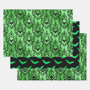 Grüne Fledermaus und Totenkopf Halloween Damast Mu Geschenkpapier Set
