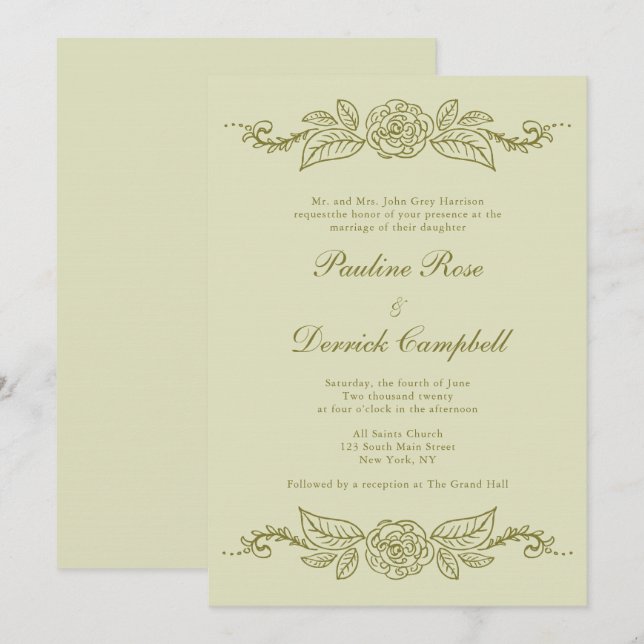 Grüne Fleurons Einladung zur Hochzeit (Vorne/Hinten)