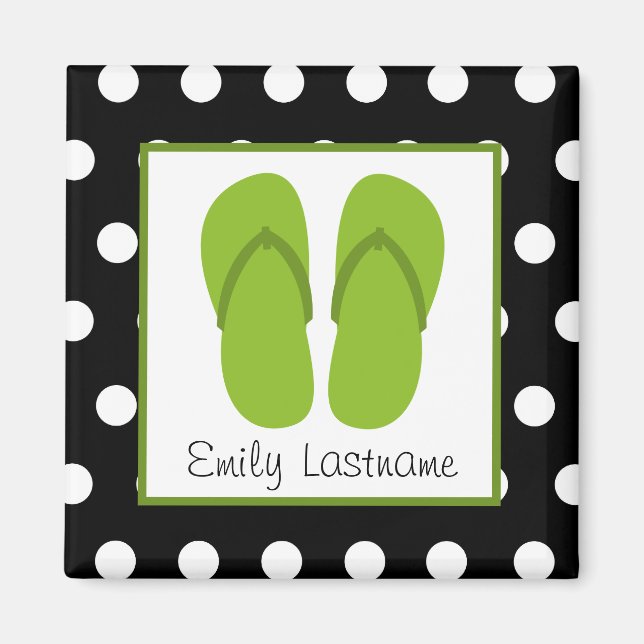 Grüne Flip Flops / Schwarz mit weißen Polka Punkte Magnet (Vorne)