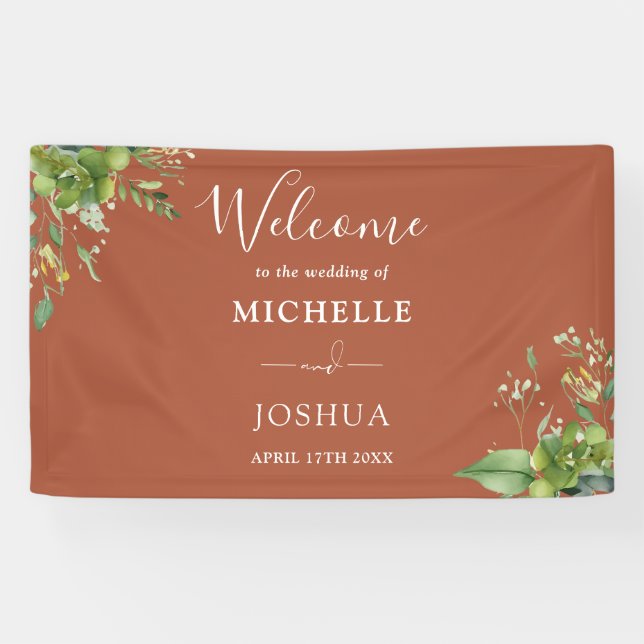 Grüne Flora Terracotta Wedding Willkommen Banner (Horizontal)