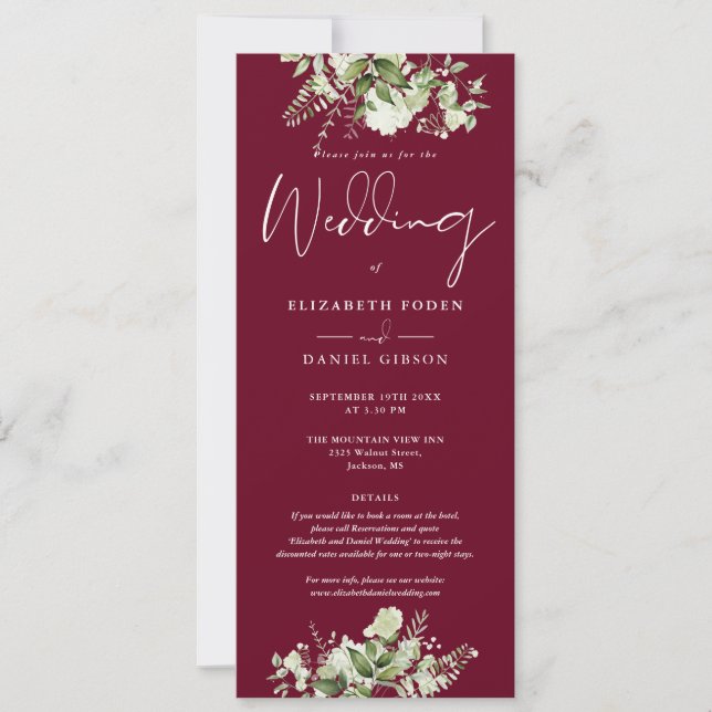 Grüne Floral Monogram Details Burgundy Wedding Einladung (Vorderseite)