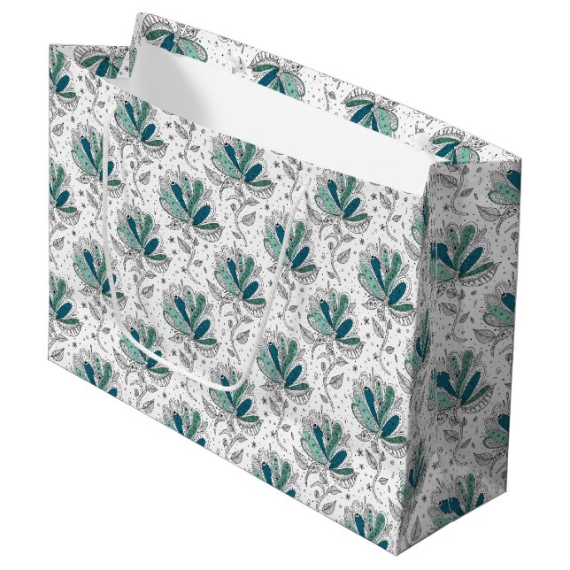 Grüne Florale Abstrakte Doodle-Kunst  Große Geschenktüte (Vorderseite Schrägansicht)