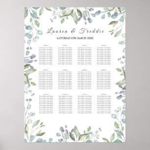 Grüne Florale Aquarell-Hochzeitssitzordnung Poster