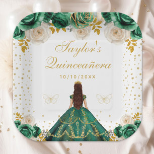 Grüne Florale Prinzessin Quinceañera Pappteller