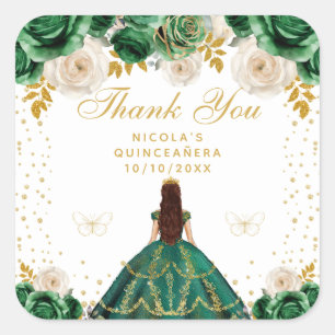 Grüne Florale Prinzessin Quinceañera Quadratischer Aufkleber