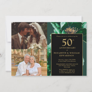 Grüne Florale Schwarze Goldene 50. Jubiläum 2 Foto Einladung