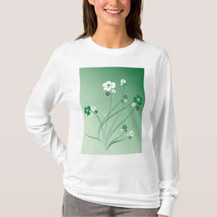 Grüne florale Schwünge und weiße Blüten T-Shirt