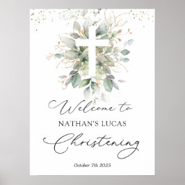 Grüne Foliage Cross Baby Christening Poster
