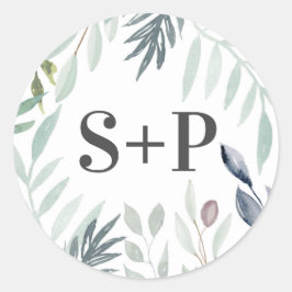 Grüne Foliage Wasserfarbe Erstmalige Hochzeitstick Runder Aufkleber