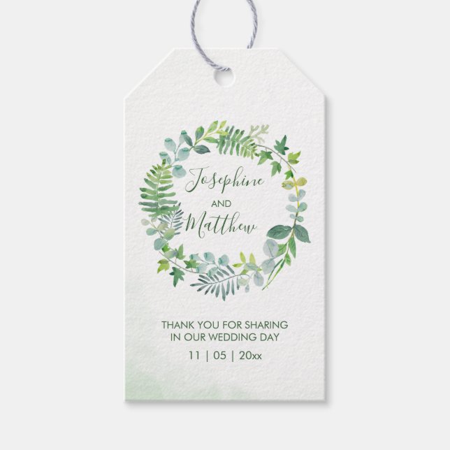 Grüne Foliage Wreath Gastgeschenk Hochzeit Geschenkanhänger (Vorderseite)