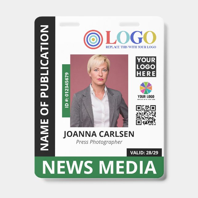 Grüne Foto & 3 Logo QR-Code Press-ID Ausweis (Vorderseite)