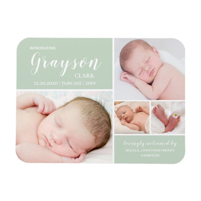 Grüne Foto Collage Baby Geburtsankündigung Magnet (Horizontal)