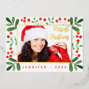 Grüne Fotografie Fröhlichster Weihnachts-Schriftzu Folien Feiertagskarte