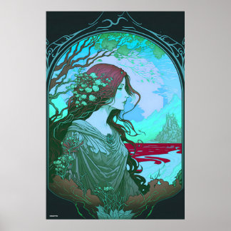 Grüne Frau Porträt Art Nouveau ai Design auf Poster