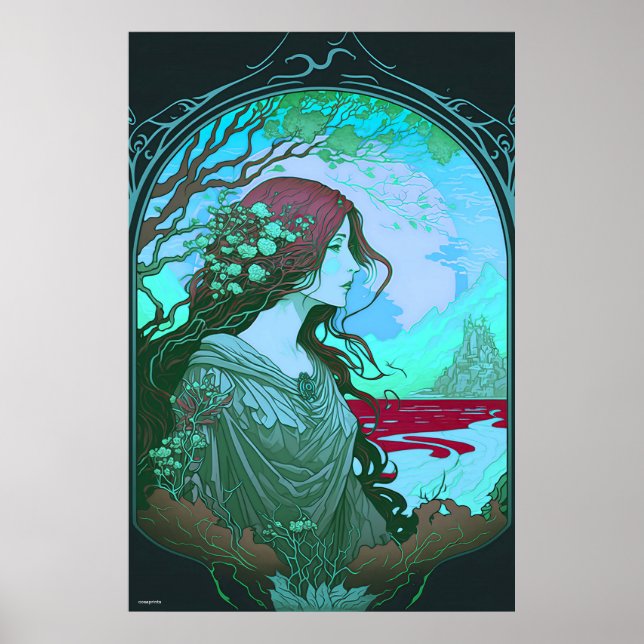 Grüne Frau Porträt Art Nouveau ai Design auf Poster (Vorne)