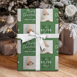Grüne Frohe Weihnachten Kalligrafie Familie 2 Foto Geschenkpapier