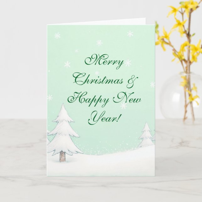 Grüne frohe Weihnachten und schneebedeckte Pinien Karte (Gelbe Blume)