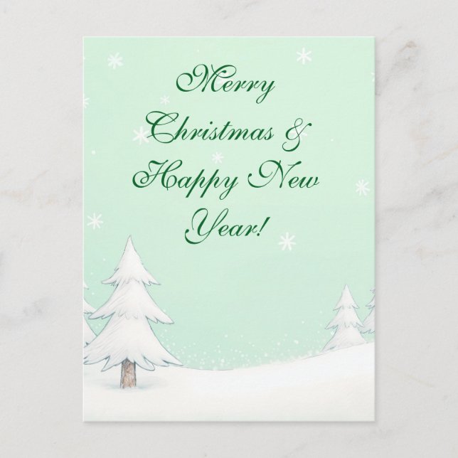 Grüne frohe Weihnachten und schneebedeckte Pinien Postkarte (Vorderseite)