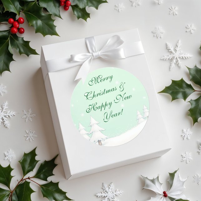 Grüne frohe Weihnachten und schneebedeckte Pinien Runder Aufkleber (Von Creator hochgeladen)